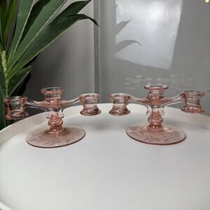 Whimsigoth Storybook Heirloom Fairy Pink Depression Glass 3-Arm Candelabra x2